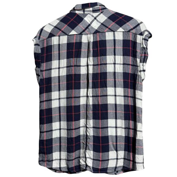 Rails Britt Plaid short sleeve rolled cuff rayon blouse white navy pink small - Picture 2 of 8